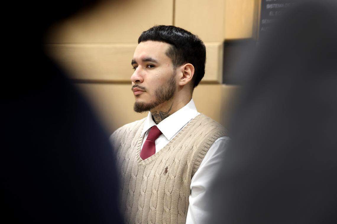 Jason Banegas listens as Judge Ernest Kollra reads deliberation instructions to the jury during his sentencing trial at the Broward County Courthouse in Fort Lauderdale, Monday, Dec. 15, 2025. Banegas pleaded guilty in October to the 2021 shooting death of Hollywood Police Officer Yandy Chirino. (Carline Jean/South Florida Sun Sentinel)