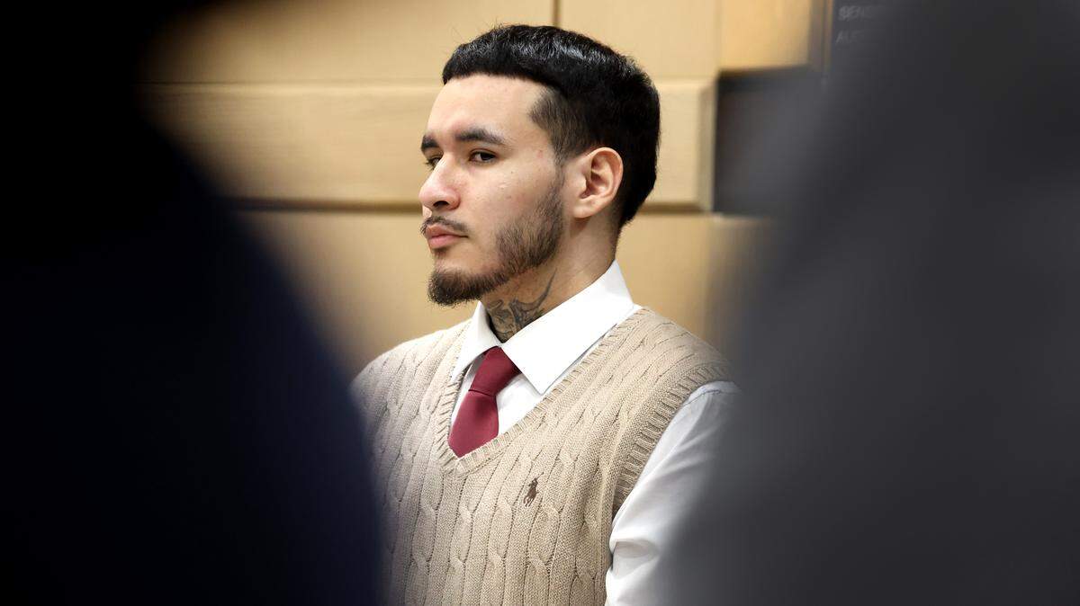Jason Banegas listens as Judge Ernest Kollra reads deliberation instructions to the jury during his sentencing trial at the Broward County Courthouse in Fort Lauderdale, on Monday, Dec. 15, 2025. Banegas pleaded guilty in October 2025 to the 2021 shooting death of Hollywood Police Officer Yandy Chirino. 