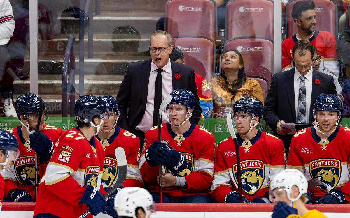 Florida Panthers head coach Paul Maurice looks from the bench during the second period of an NHL game against the Nashville Predators at the Amerant Bank Arena on Thursday, Nov. 7, 2024, in Sunrise, Fla.