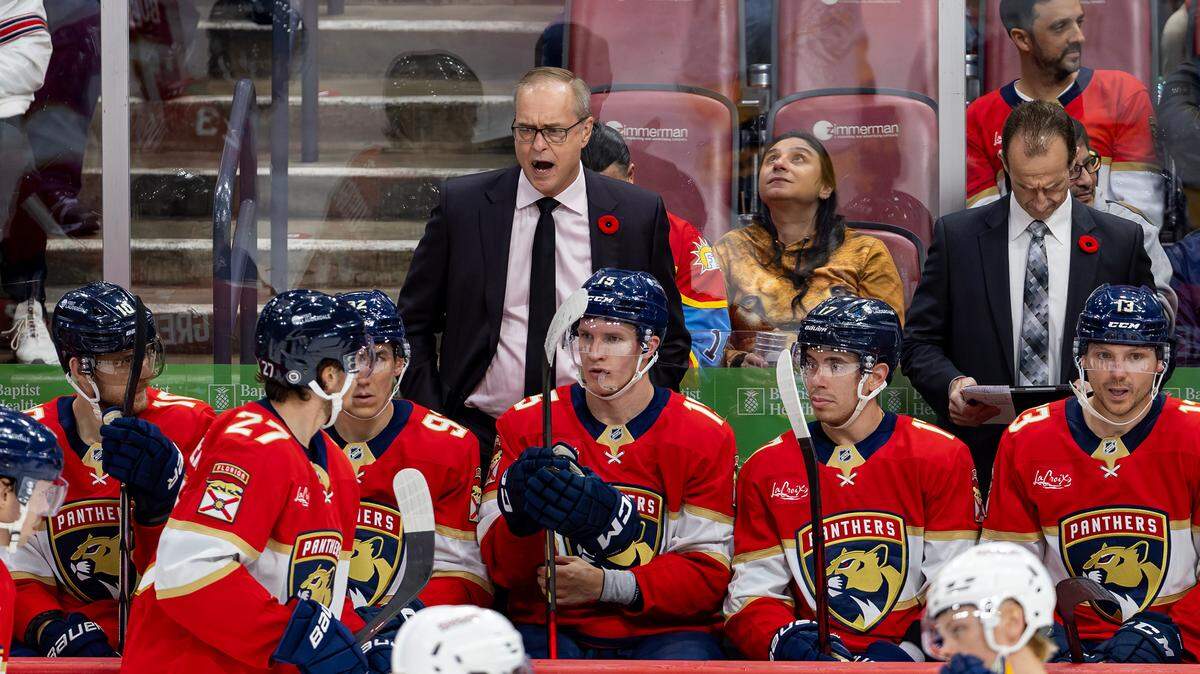 Florida Panthers head coach Paul Maurice looks from the bench during the second period of an NHL game against the Nashville Predators at the Amerant Bank Arena on Thursday, Nov. 7, 2024, in Sunrise, Fla.