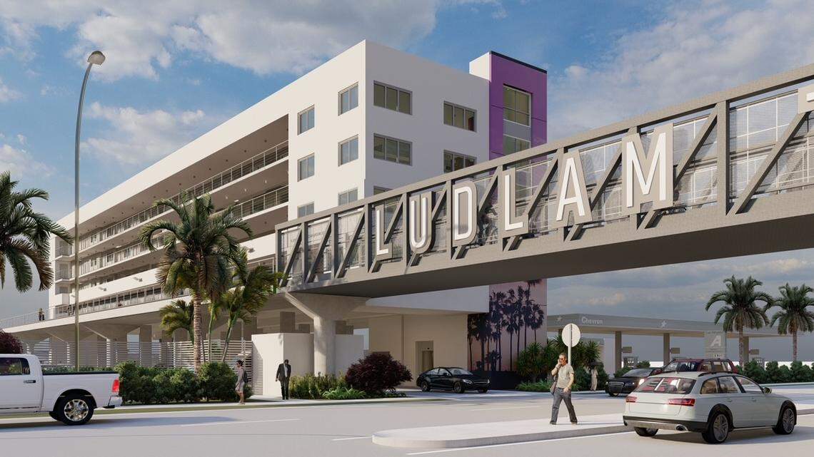 An architectural rendering shows one of two affordable senior apartment buildings now under construction on the Ludlam Trail at Coral Way. A new bridge will connect the planned pedestrian and bicycle trail across Coral Way.