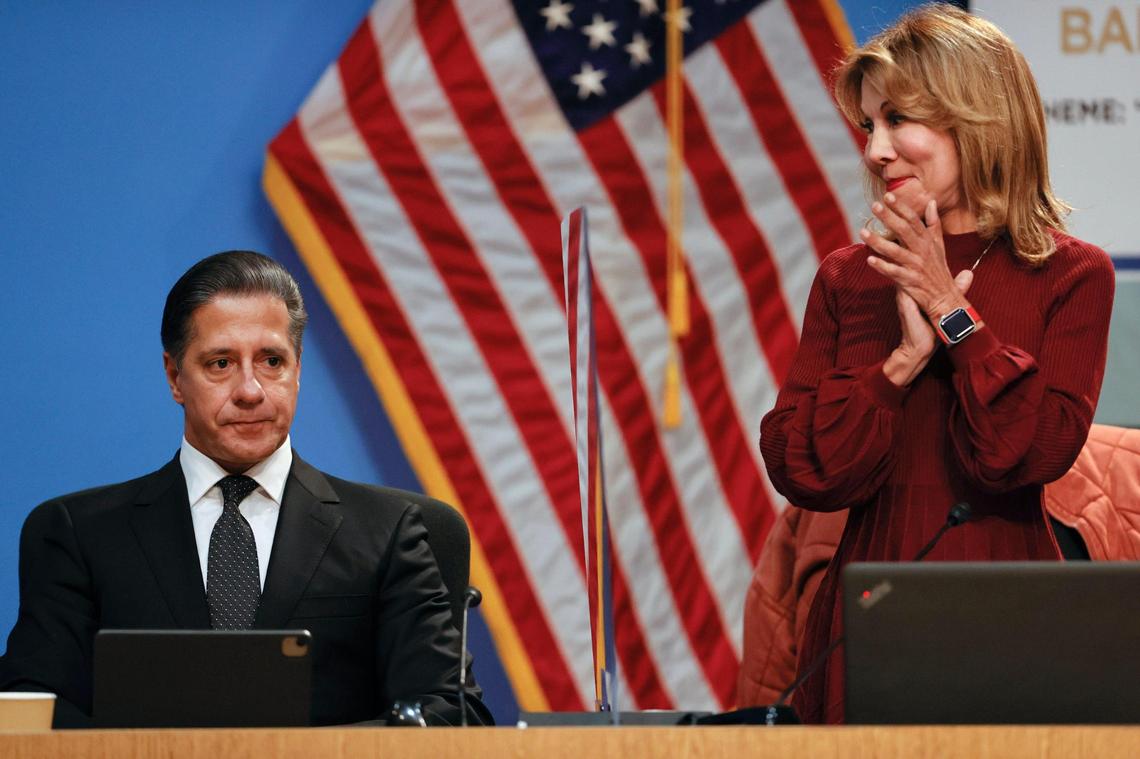 School Board member Dr. Marta Perez applauds as Miami-Dade Public Schools Superintendent Alberto Carvalho reacts during a video tribute in his final meeting of the Miami-Dade County School Board on Wednesday, Feb. 9, 2022. She was on the Board when he was hired as superintendent in 2008.