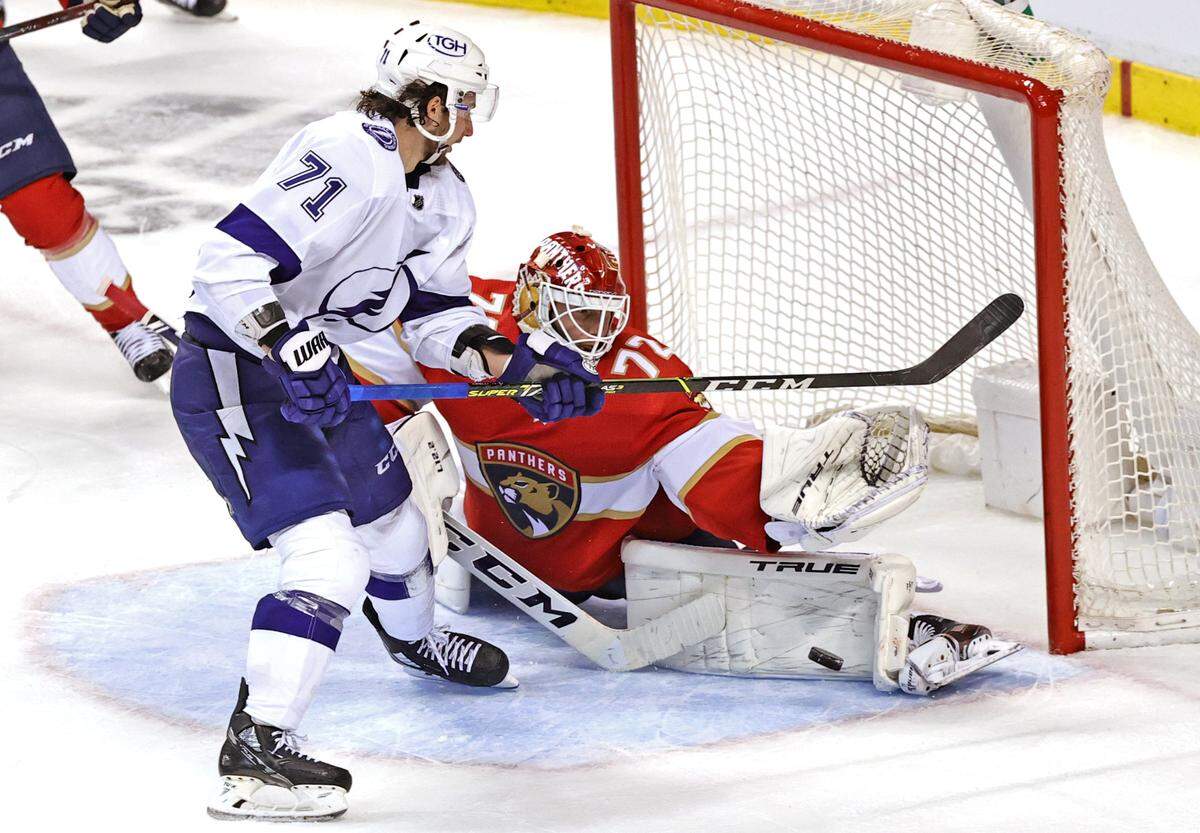 Florida Panthers goaltender Sergei Bobrovsky (72) makes a save against Tampa Bay Lightning center Anthony Cirelli (71) during the third period of game 1 of their first round NHL Stanley Cup series at the BB&T Center on Sunday, May 16, 2021 in Sunrise, Fl.