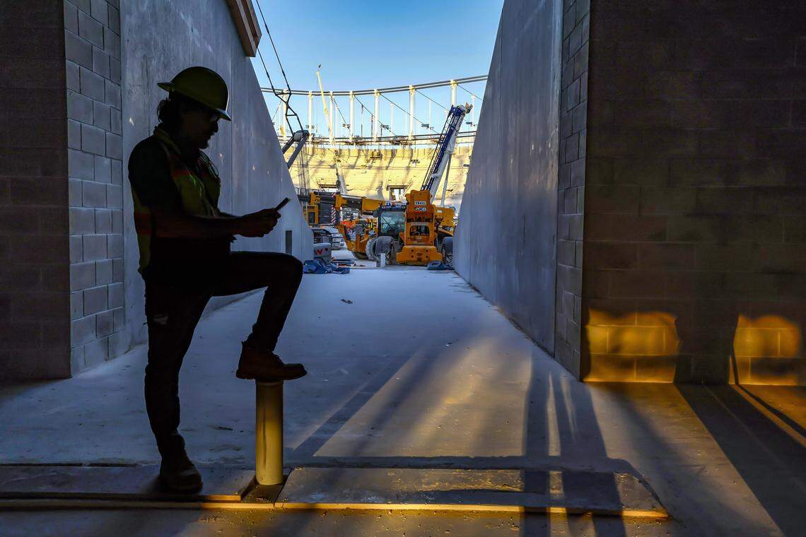 Construction worker Jhacson Saavedra on the job at the construction site at Miami Freedom Park stadium in Miami, Florida, on Thursday, November 20, 2025. The stadium is due to open in Spring 2026 for the MLS season.