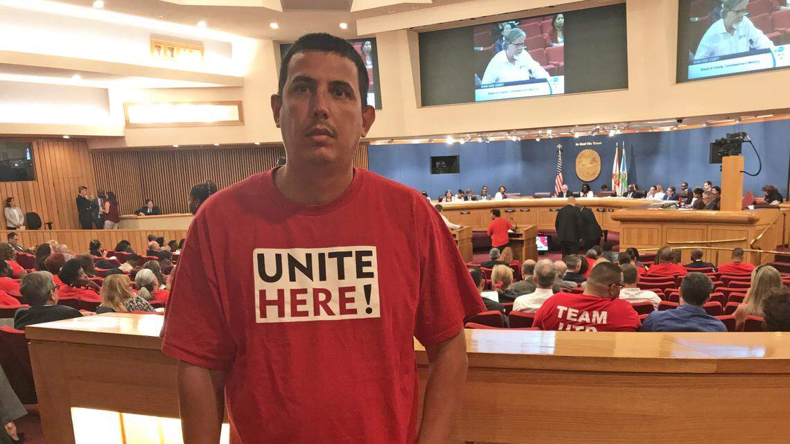 Hiram Rodriguez told Miami-Dade commissioners on July 24, 2018, he works two jobs at Miami International Airport but the pay isn't enough to get by. Backed by the Unite Here labor union, he urged commissioners to approve a living-wage rule at MIA requiring retailers, restaurants and other vendors to pay workers a living wage, currently at about $15 an hour. The measure passed.