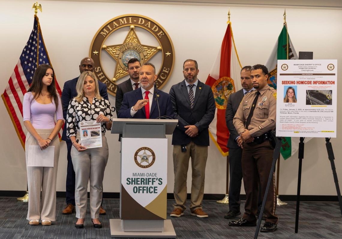 Juan Segovia, lead detective with the Miami-Dade Sheriff’s Office, speaks about the investigation into the death of Melissa Gonzalez, Tuesday, July 1, 2025, at the sheriff’s headquarters in Doral, Florida. On Jan. 3, 2020, the 22-year-old Gonzalez was shot to death while driving on Interstate-95 in Miami-Dade County.