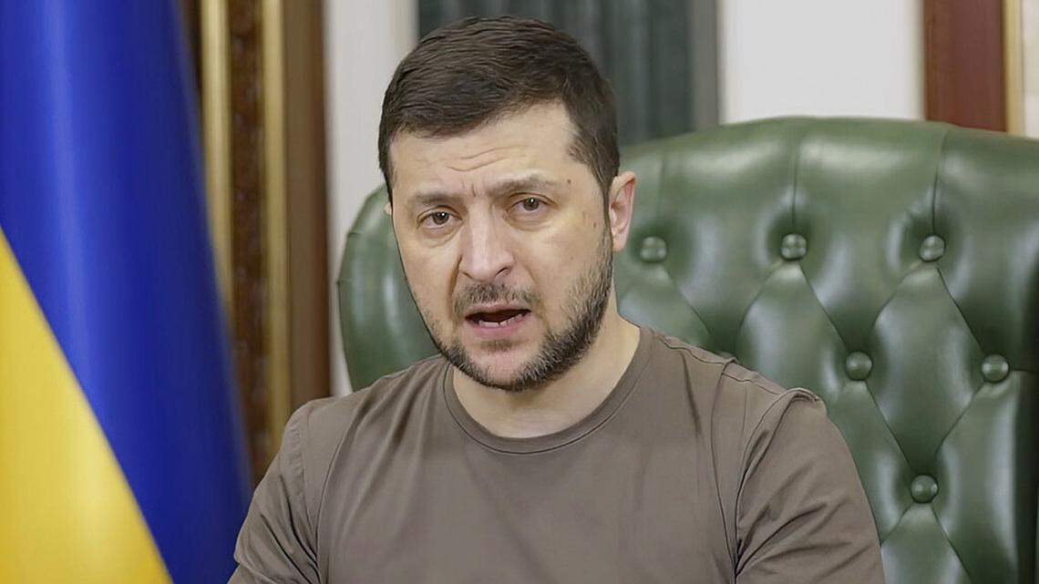 In this image from video provided by the Ukrainian Presidential Press Office and posted on Facebook early Tuesday, March 15, 2022, Ukrainian President Volodymyr Zelenskyy speaks in Kyiv, Ukraine.