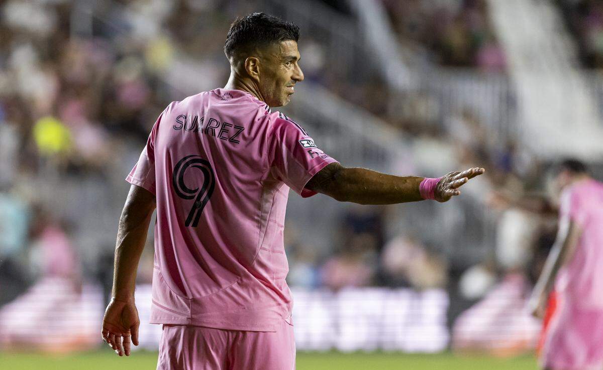 Inter Miami CF forward Luis Suarez (9) reacts after a play against Pumas UNAM in the second half of their Leagues Cup Phase One soccer match at Chase Stadium on Wednesday, Aug. 6, 2025, in Fort Lauderdale, Fla.