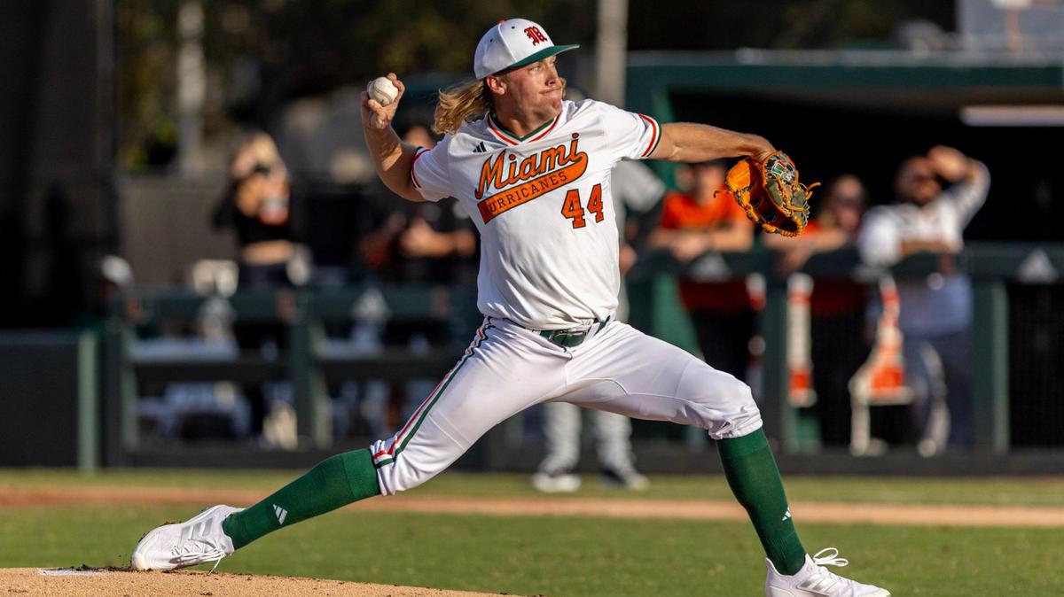 Hurricanes pitcher Ben Chestnutt (44) throws the ball during the first inning of an NCAA baseball game against University of Central Florida inside Alex Rodriguez Park at Mark Light Field in Coral Gables, Florida on Wednesday, February 21, 2024.
