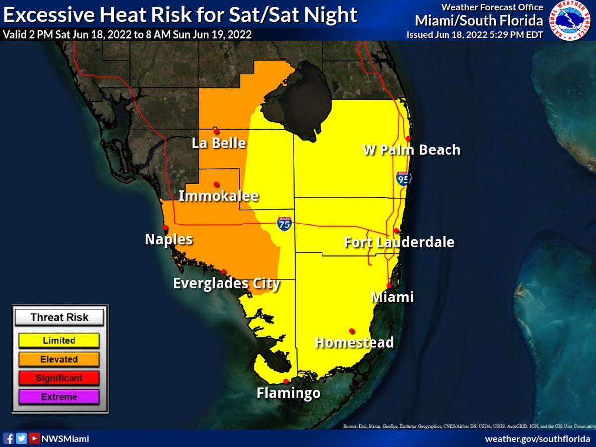 Excessive heat risk levels in South Florida. At a limited risk level, the heat index is between 98 and 102 degrees, with heat exhaustion possible.