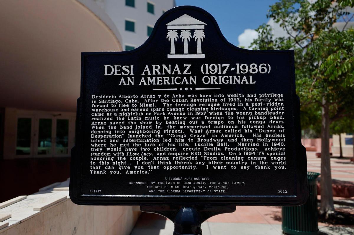 A street marker dedicated to musician and “I Love Lucy” legend Desi Arnaz is seen in front of the Miami City Ballet in Miami Beach, Florida on Wednesday, June 18, 2025. The venue he used to perform in during his time in Miami Beach in the 1930s was on this site.