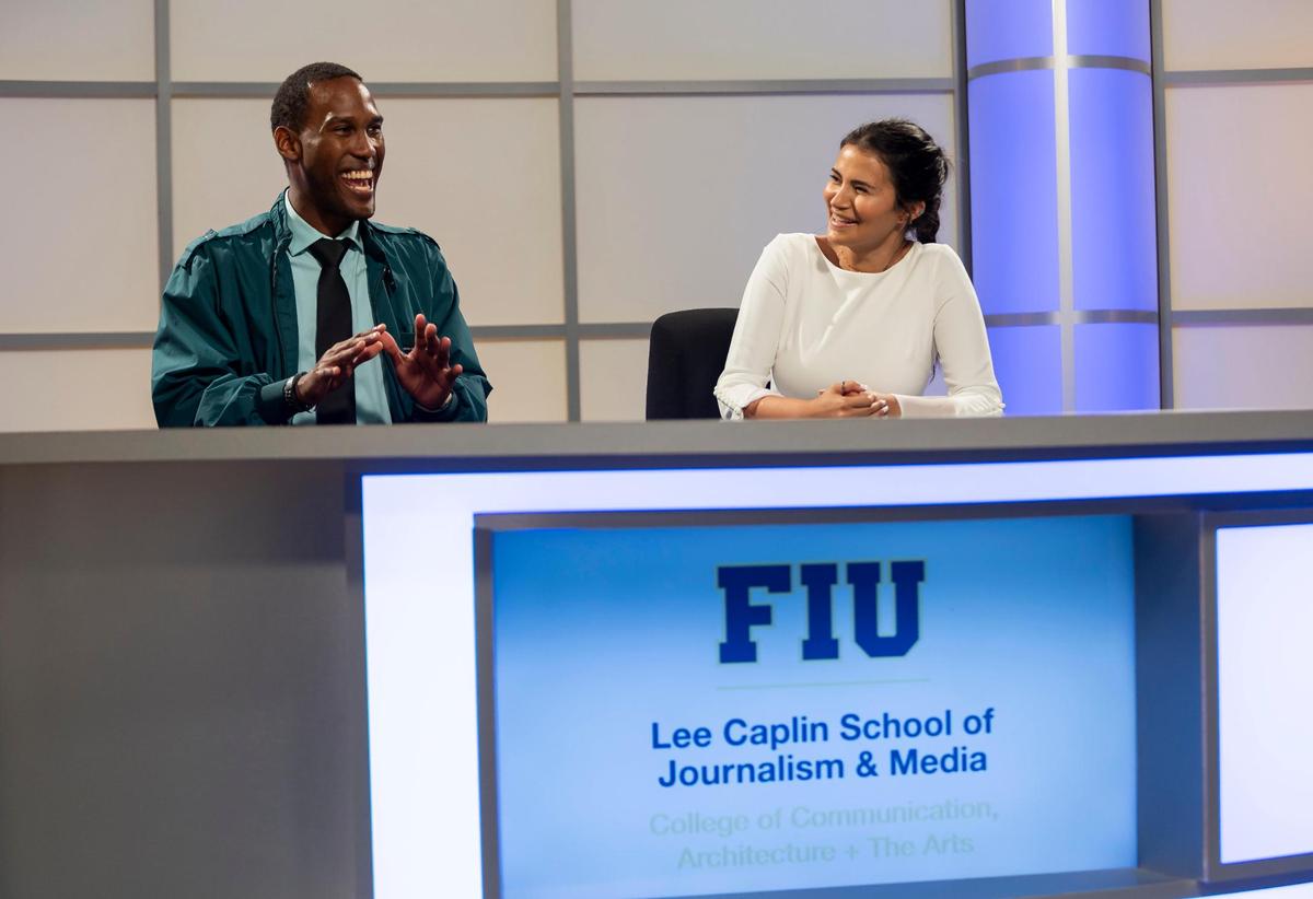 FIU digital broadcasting students Julian Davis and Tania Jimenez use the Caplin School of Journalism & Media’s news studio at Florida International University Biscayne Bay Campus on Friday, Nov. 17, 2023, in North Miami, Fla.