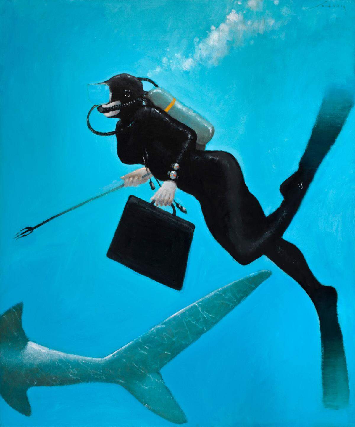 Julio Larraz’s ‘The Escort of a Poet’ will be on display at the retrospective of his work this winter at the Coral Gables Museum.