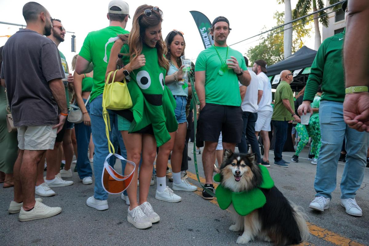 Whitney Shipman cheers her dog, Cooper, while enjoying the John Martin’s 32nd Annual St. Patrick’s Day Street Festival in Coral Gables, Florida, Saturday, March 15, 2025.