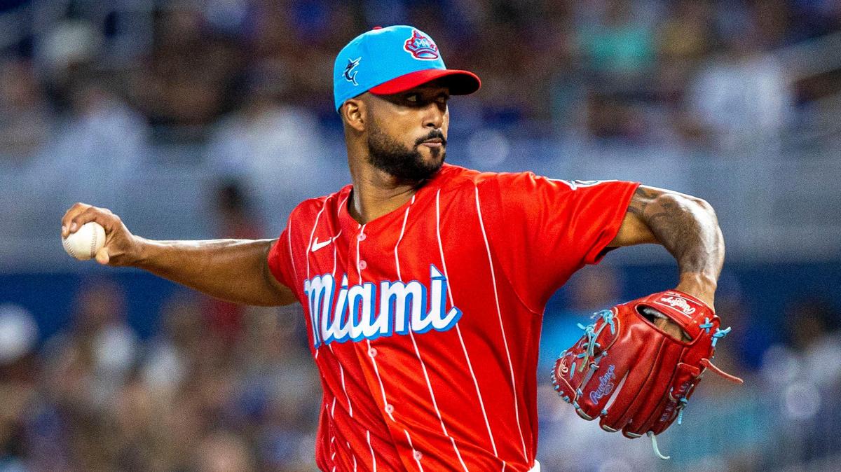 Miami Marlins pitcher Sandy Alcantara (22) throws the ball during the second inning of an MLB game against the Los Angeles Dodgers at loanDepot park in the Little Havana neighborhood of Miami, Florida, on Saturday, August 27, 2022.