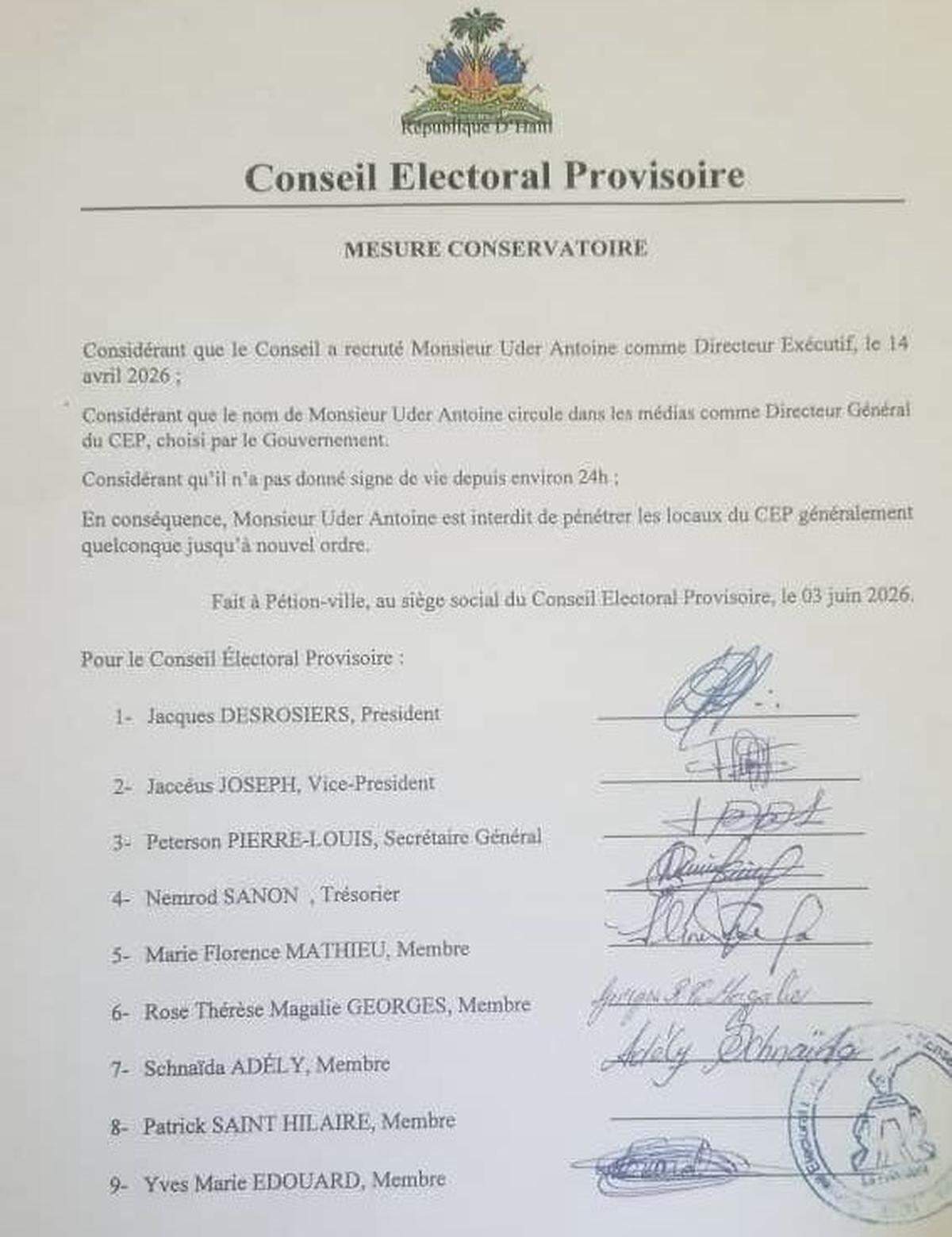 Haiti’s Provisional Electoral Council issued a document on Wednesday, June 3, 2026, barring its executive director, Uder Antoine, from entering its building.