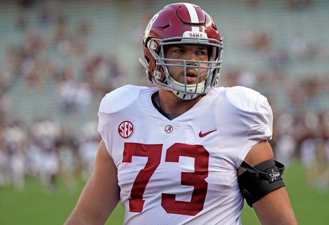 Alabama offensive lineman Jonah Williams (73) warms up before an NCAA college football game against Texas A&M Saturday, Oct. 7, 2017, in College Station, Texas.