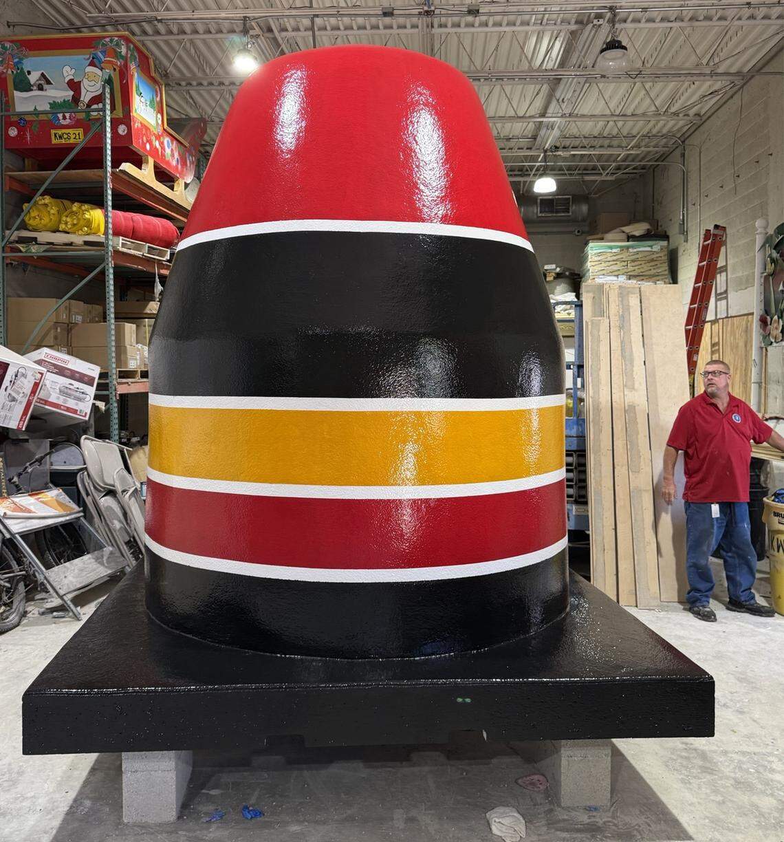 A work in progress shot of a replica Southernmost Buoy marker inside a work space in May 2025. Community Services’ Paul Cassidy is one of the people working on the temporary buoy while the park where the original sits undergoes repairs come late summer or early fall 2025.