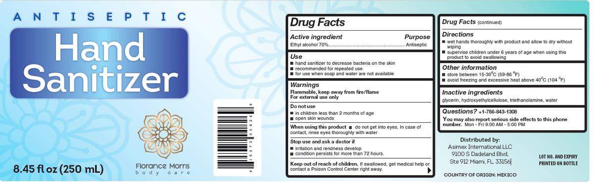 The label to Florance Morris Antiseptic Hand Sanitizer, distributed in Florida by Asimex International