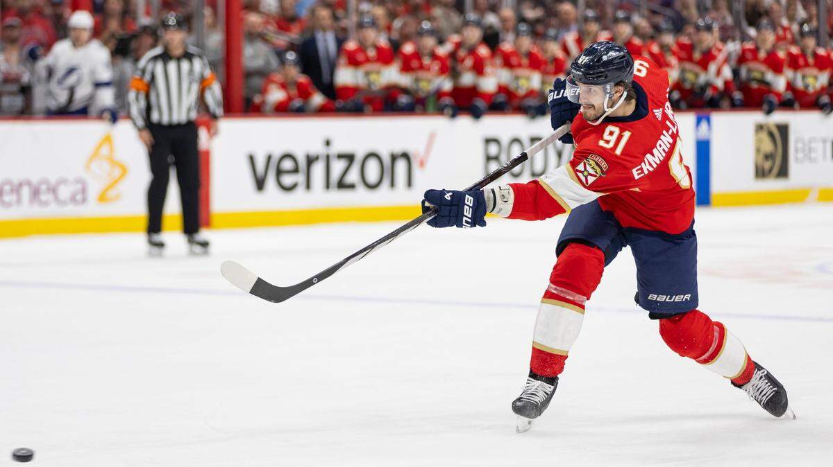 Florida Panthers defenseman Oliver Ekman-Larsson (91) shoots the puck against the Tampa Bay Lightning in the first period in Game 2 of the first-round of the 2024 Stanley Cup Playoffs at Amerant Bank Arena on Tuesday, April 23, 2024, in Sunrise, Fla.