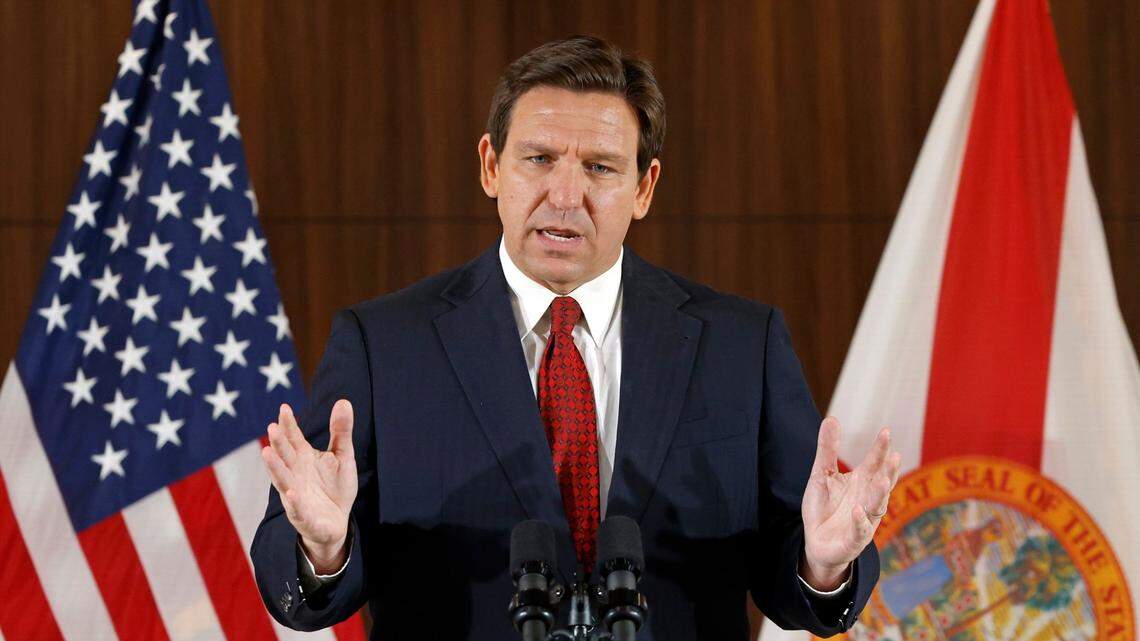 Florida Governor Ron DeSantis speaks during a press conference proposing anti-crime legislation to further cement Florida as the law and order state. DeSanits delivered his speech at the Miami Police Benevolent in Miami on Thursday, January 26, 2023.