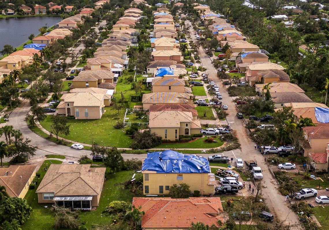 Aerial view of the Portofino Shores community in St. Lucie County on Friday, Oct. 11, 2024, where some houses were damaged by a pair of tornadoes that tore through the neighborhood hours before Hurricane Milton made landfall on Florida’s west coast on Wednesday, Oct. 9, 2024.