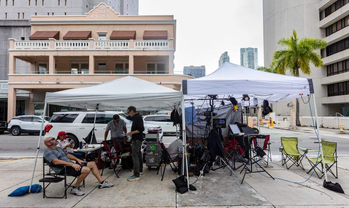 Miami, Florida - June 9, 2023 - TV reporters and crews gather outside the Federal courthouse in Miami to cover the indictment of former President Donald J. Trump. Federal Courthouse, 400 N Miami Ave, Miami, FL