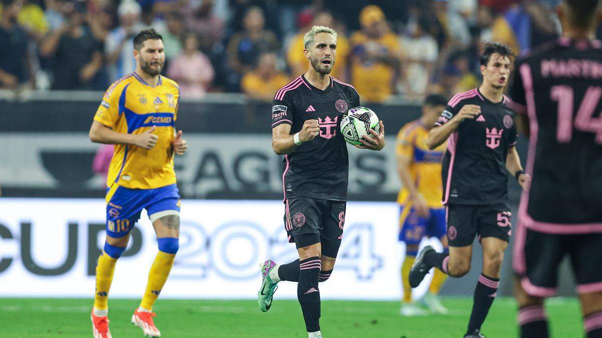 Aug 3, 2024; Houston, Texas, USA; Inter Miami CF forward Leo Campana (8) reacts after scoring a goal during the second half against the Tigres UANL at NRG Stadium. Mandatory Credit: Troy Taormina-USA TODAY Sports