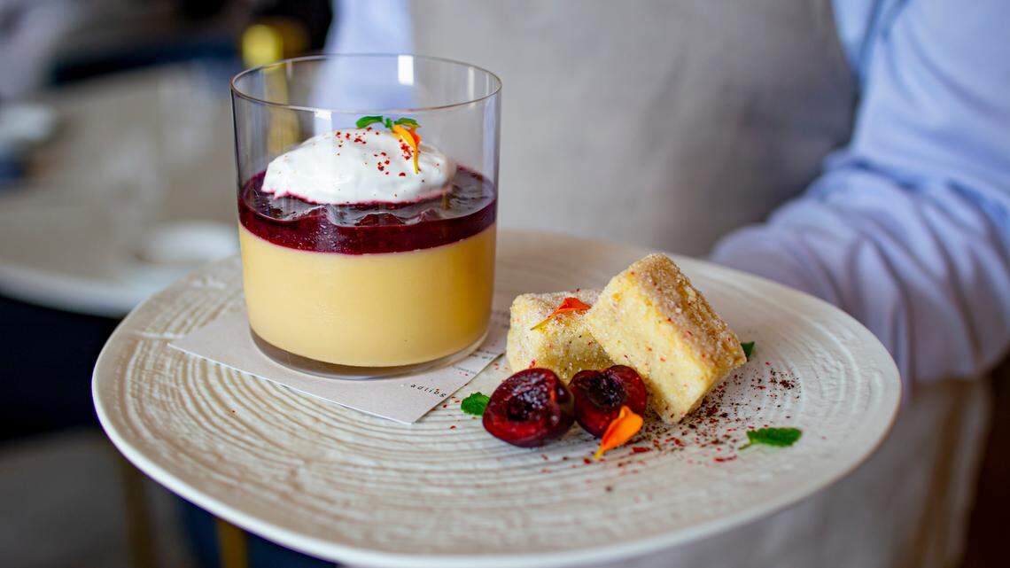 Butterscotch Budino at Ad Lib in Coral Gables made with Scottish shortbread and bing cherry conserve.