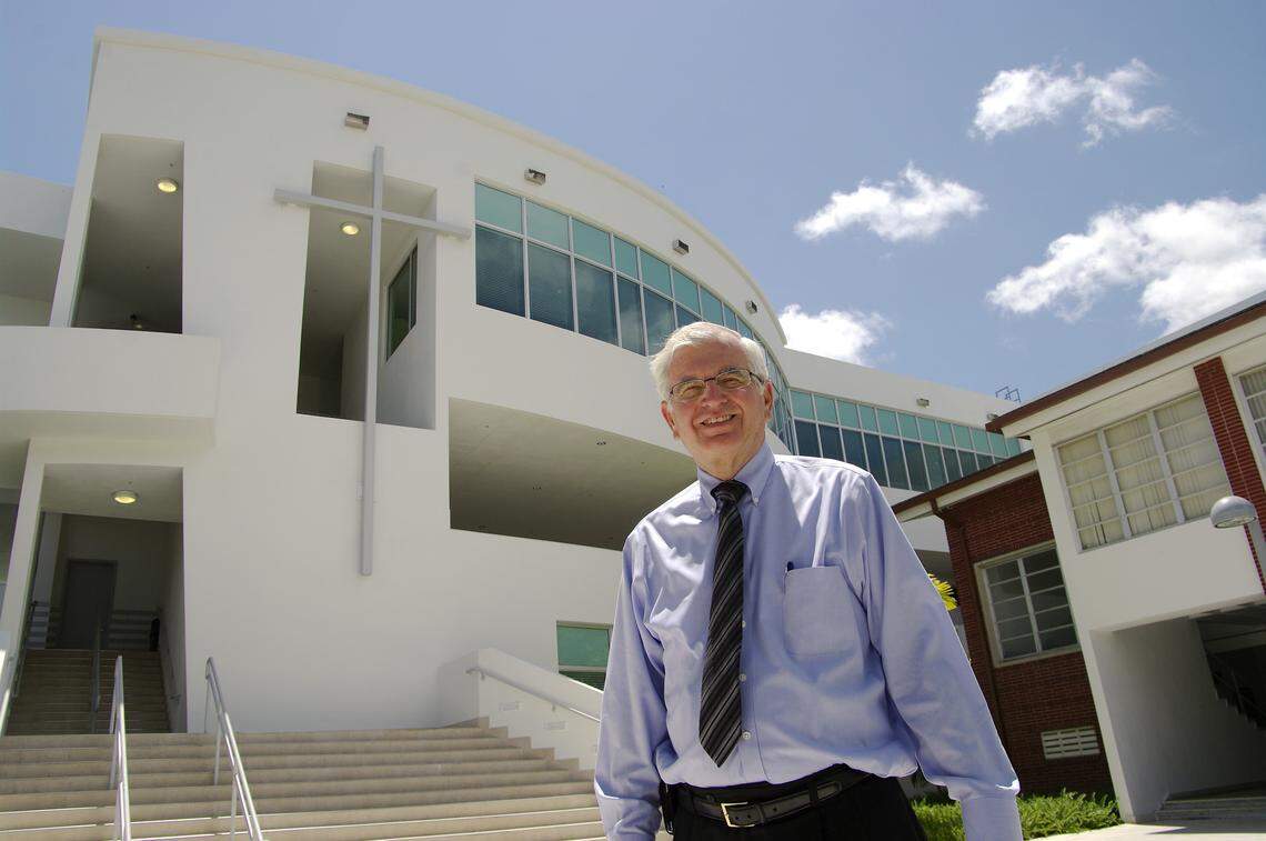 Christopher Columbus High School President Brother Kevin Handibode stands in front of the then-new $13 million Mas Technology Complex on the school’s grounds in this May 2009 file photo.