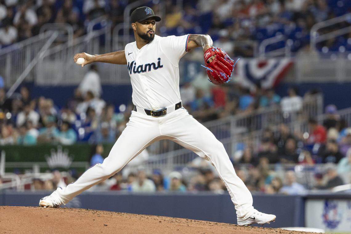 Miami Marlins pitcher Sandy Alcantara (22) pitches against the Colorado Rockies in the third inning of their MLB game at loanDepot park on Friday, March 27, 2026, in Miami, Fla.
