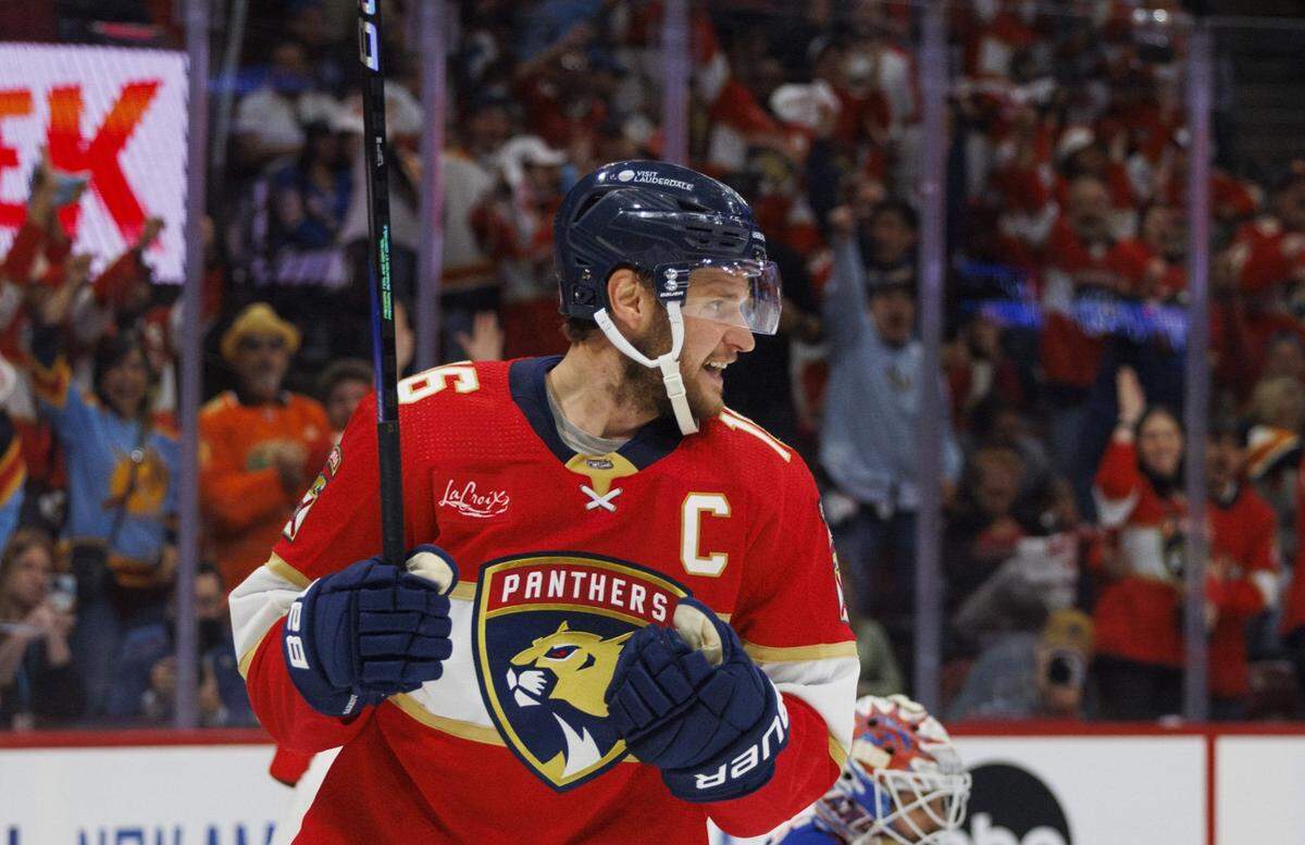 Florida Panthers center Aleksander Barkov (16) smiles after scoring a goal during the third period of Game 3 of the Eastern Conference finals of the NHL hockey Stanley Cup playoffs at the Amerant Bank Arena on Sunday, May 26, 2024, in Sunrise, Fla.