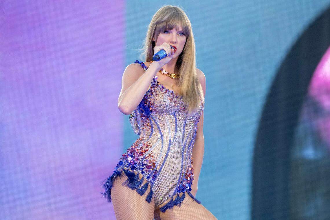 Taylor Swift performs the song “Miss Americana & The Heartbreak Prince” during her Eras Tour stop at GEHA Field at Arrowhead Stadium on Friday, July 7, 2023, in Kansas City.