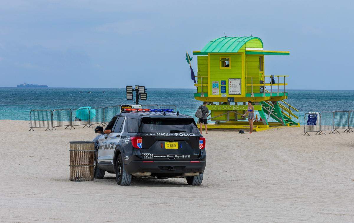 A city of Miami Beach Police patrol seen by a life guard tower on the beach by 6th Street , during spring break in Miami Beach, on Sunday March 10, 2024.
