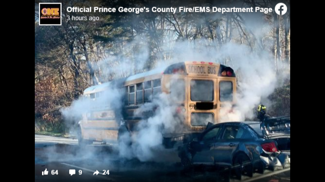 A school bus burst into flames with students onboard after it was rear-ended in Virginia, officials said.