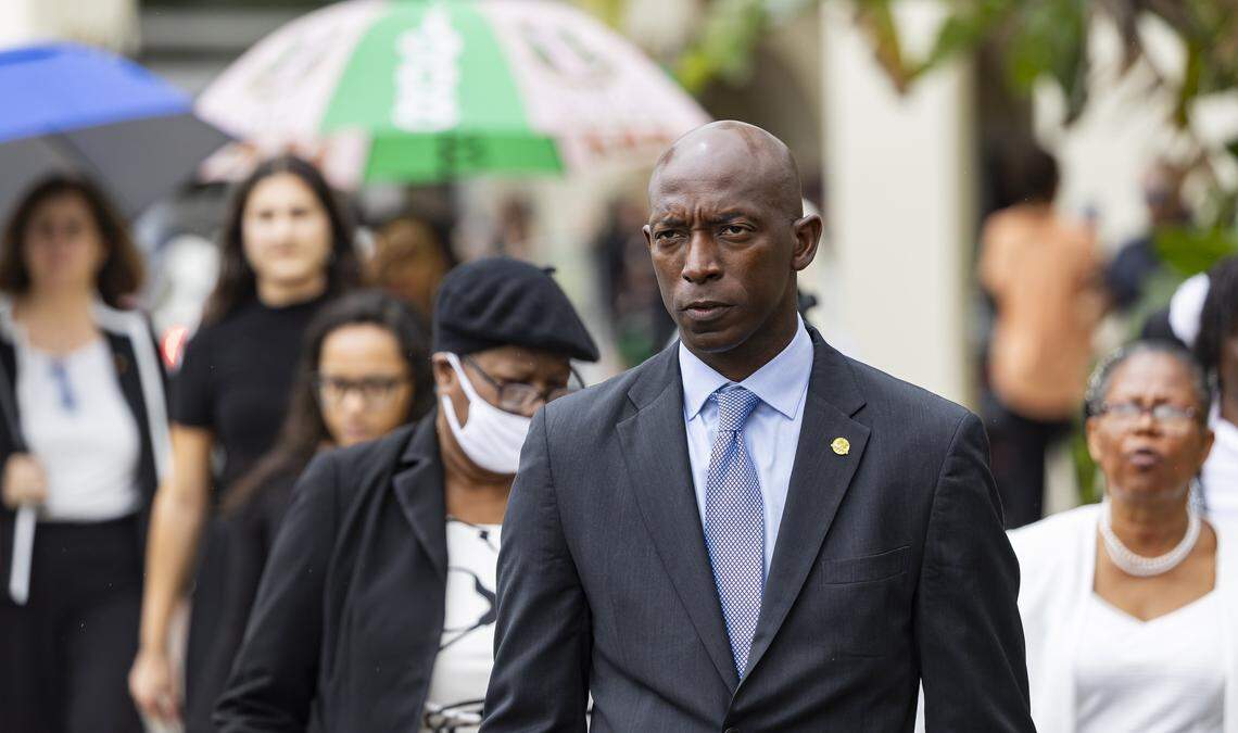Miramar Mayor Wayne Messam leaves a funeral service for Coral Springs Vice Mayor Nancy Metayer Bowen at Church By The Glades on Friday, April 17, 2026, in Coral Springs, Fla.