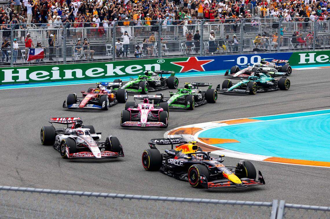 Red Bull Racing driver Yuki Tsunoda of Japan leads the pack during the Formula One Miami Grand Prix at the Miami International Autodrome on Sunday, May 4, 2025, in Miami Gardens, Fla.