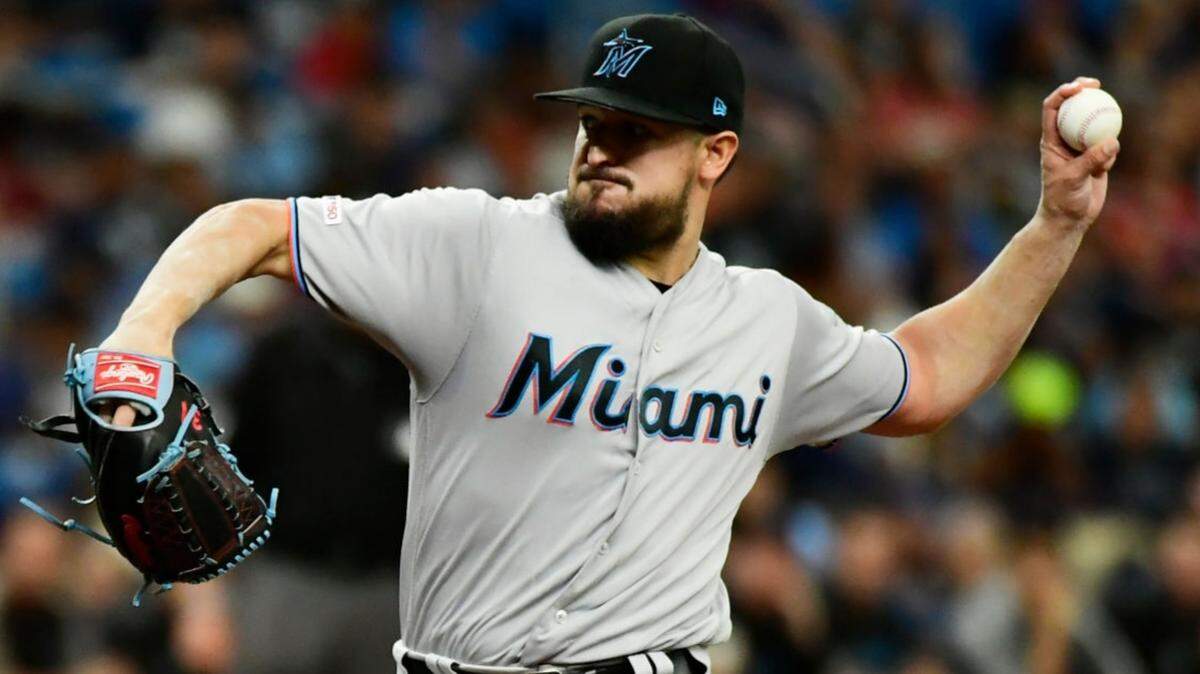 The Miami Marlins’ Caleb Smith pitches to the Tampa Bay Rays during the second inning of a baseball game at Tropicana Field on Aug. 4, 2019, in St. Petersburg, Florida.