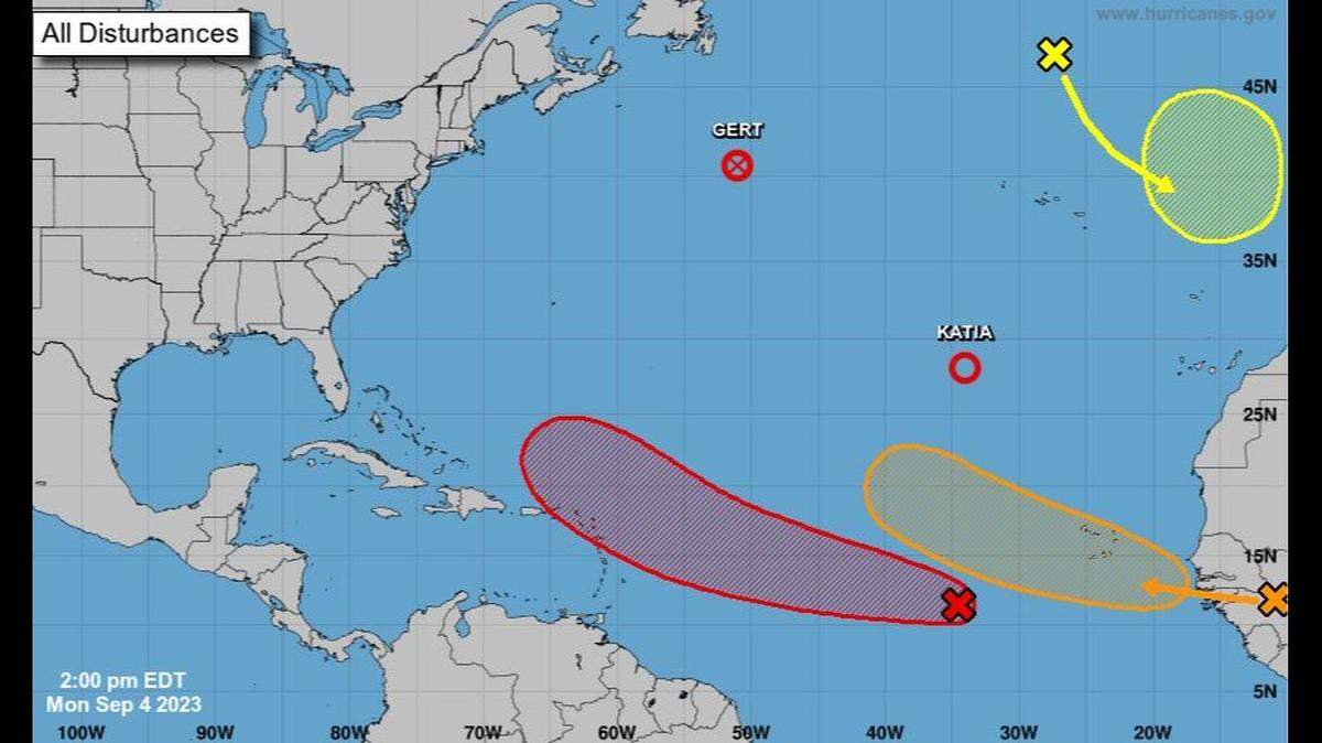 The map of systems in the Atlantic Ocean as of 2 p.m., Monday, Sept. 4.