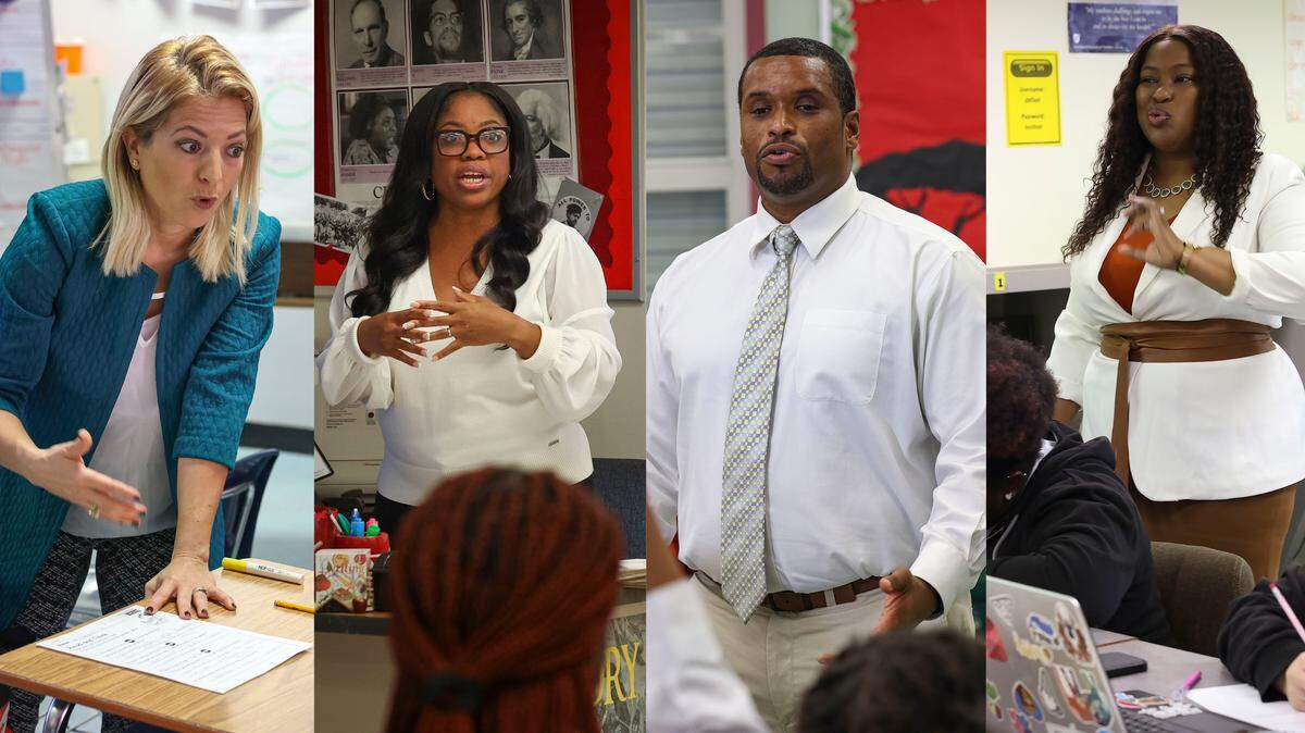 Los cuatro finalistas para el título de Maestro del Año Francisco R. Walker de 2024 de las Escuelas Públicas de Miami-Dade. De izquierda a derecha, Vanessa Radice, maestra de Educación eEpecial en la Preparatoria Hialeah-Miami Lakes; Khristal Gooding, maestra de Historia en la preparatoria Robert Morgan Educational Center; Don Clerveaux, maestro de Ciencias y Estudios Sociales de quinto grado en la Primaria Phyllis Ruth Miller, y Monique Bryant Clayton, quien enseña Liderazgo, Fotografía, Español y Producción Cinematográfica en el C.O.P.E. Center North.