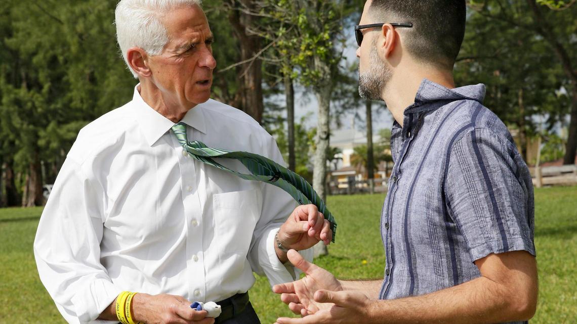 Democratic candidate for Florida governor Charlie Crist talks to Horacio Sierra, Cuban American Democratic Club president during his meeting with Miami-Dade Democratic Cuban Americans Saturday, May 8, 2021, at Tropical Park in Miami.