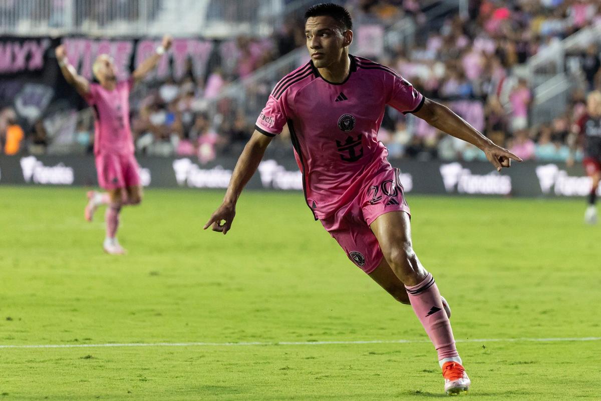 Inter Miami midfielder Diego Gómez (20) celebrates after scoring a goal against Toronto FC in the first half of their MLS match at Chase Stadium on Wednesday, July 17, 2024, in Fort Lauderdale, Fla.