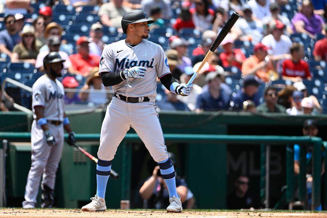 Jun 18, 2023; Washington, District of Columbia, USA; Miami Marlins shortstop Jacob Amaya (67) at bat against the Washington Nationals during the second inning at Nationals Park. Mandatory Credit: Brad Mills-USA TODAY Sports