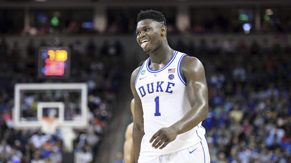 Duke forward Zion Williamson (1) reacts after getting called for a foul against Central Florida during the second half of a second-round game in the NCAA men’s college basketball tournament Sunday, March 24, 2019, in Columbia, S.C. Duke defeated Central Florida 77-76.