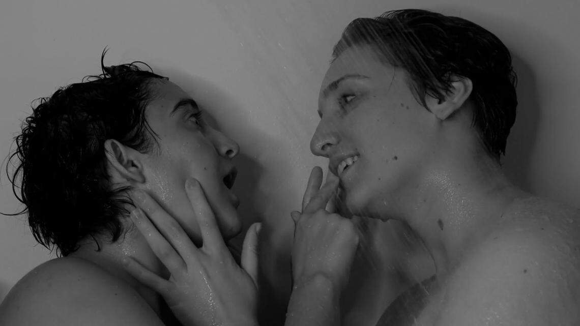Sabrín Diehl and Emily Rosenberg star in “Bathroom Bromance,” a silent film about two neighbors who share a bathroom.