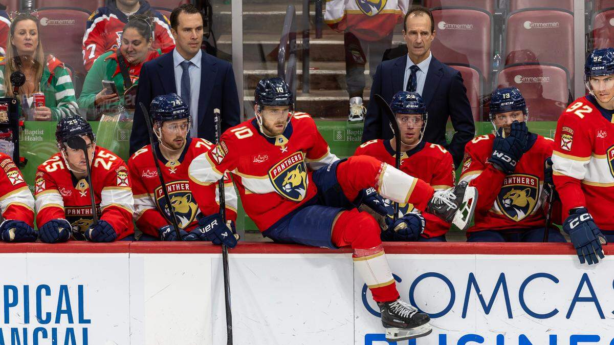 Florida Panthers left wing A.J. Greer (10) takes to the ice during the second period of an NHL game against the Tampa Bay Lightning at Amerant Bank Arena on Monday, Dec. 23, 2024, in Sunrise, Florida.