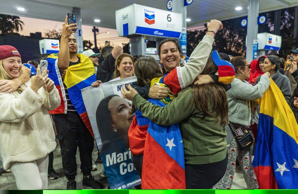 Venezuelan exiles living in South Florida celebrating outside of El Arepazo in Doral, Florida, after the United States attacked Venezuela and captured Venezuelan leader Nicolás Maduro, on Jan. 3, 2026.