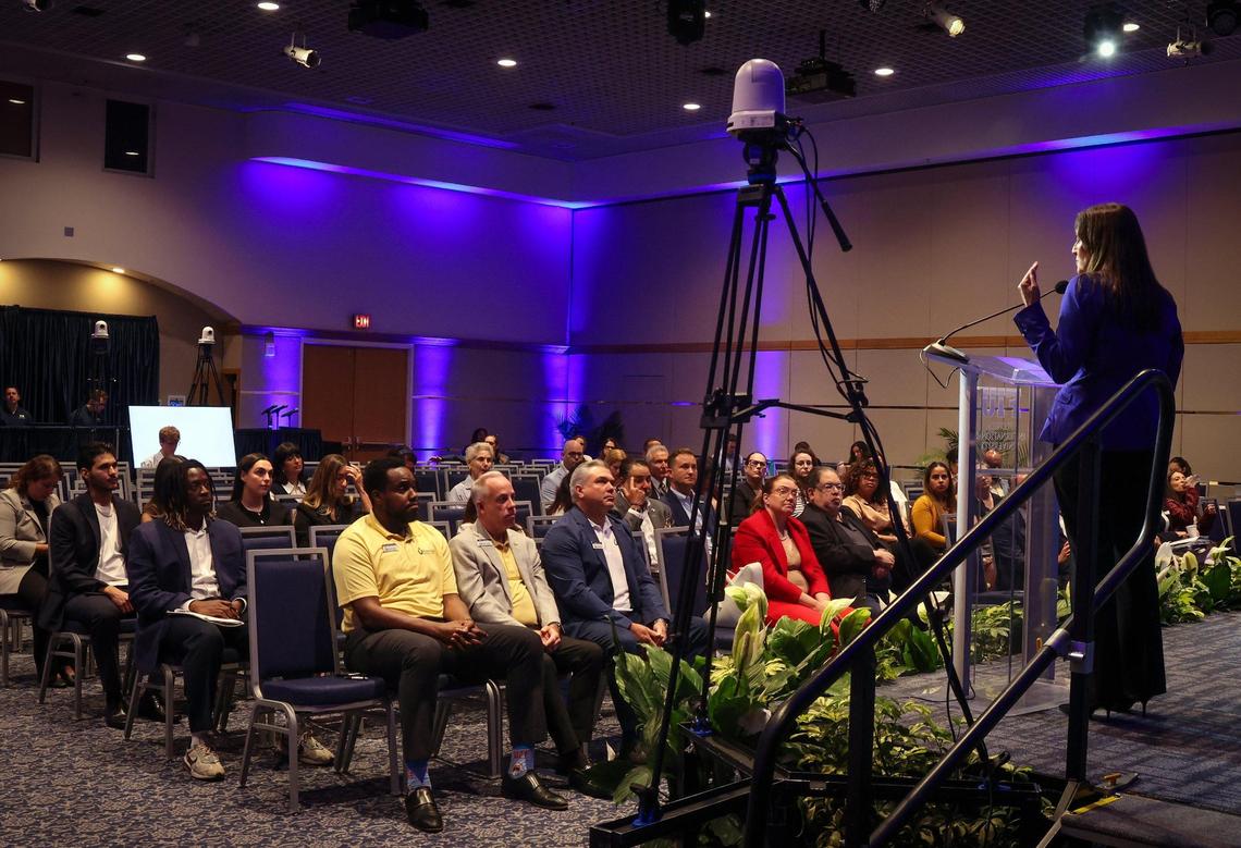 Interim President Jeanette Nuñez, right, addresses community session attendees as FIU held its Presidential Candidate Community Session inside the Graham Center Ballroom at the Modesto A. Maidique Campus, Miami, Florida on Tuesday, May 21, 2025.