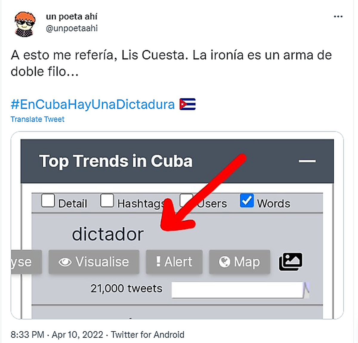 Screenshot of word “dictador” used by Cuba’s first lady, Lis Cuesta, to describe her husband, President Miguel Díaz-Canel. It was trending Sunday on the island after she used it in an affectionate tweet.