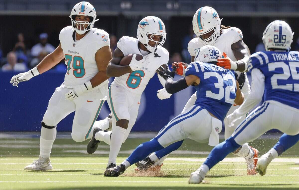 Miami Dolphins wide receiver Malik Washington (6) on a carry in the second half of an NFL game against the Indianapolis Colts at Lucas Oil Stadium in Indianapolis on Sunday, September 7, 2025.